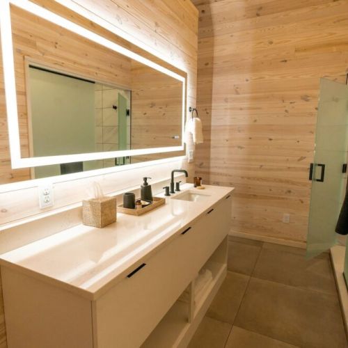 Rest & Refresh - LED lighted bathroom mirror provides you with a clear, crisp and flawless reflection. Truly functional art, this LED front-lit mirror provides task-specific dimmable daylight illumination for your cosmetic, hygiene and dressing needs
