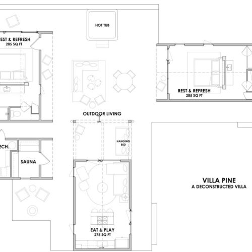 Floor plan of our Deconstructed Villa Pine. Enjoy the experience that brings you into nature. Four separate buildings connected by an amazing deck!