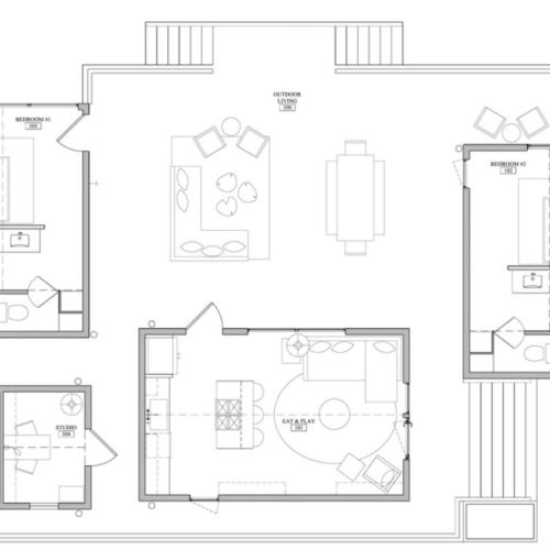 Floor plan of our Deconstructed Villa Creek Enjoy the experience that brings you into nature. Four separate buildings connected by an amazing deck over looking our creek.