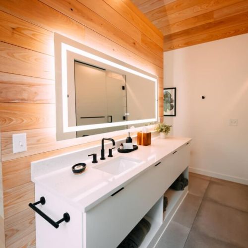 LED lighted bathroom mirror provides you with a clear, crisp and flawless reflection. Truly functional art, this LED front-lit mirror provides task-specific dimmable daylight illumination for your cosmetic, hygiene and dressing needs. Features built